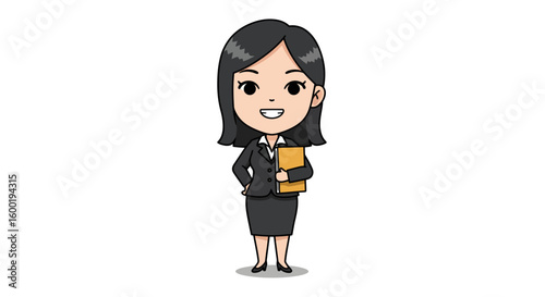 A cute cartoon illustration of a professional businesswoman in a black suit, smiling while holding a folder.