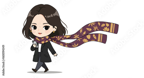 Cartoon woman walking with a scarf blowing in the wind, holding a small object.