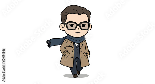 A stylish chibi cartoon man with glasses walks confidently while wearing a brown trench coat and blue scarf.