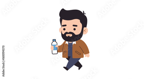 An animated cartoon man with a beard walking while holding a bottle of water.