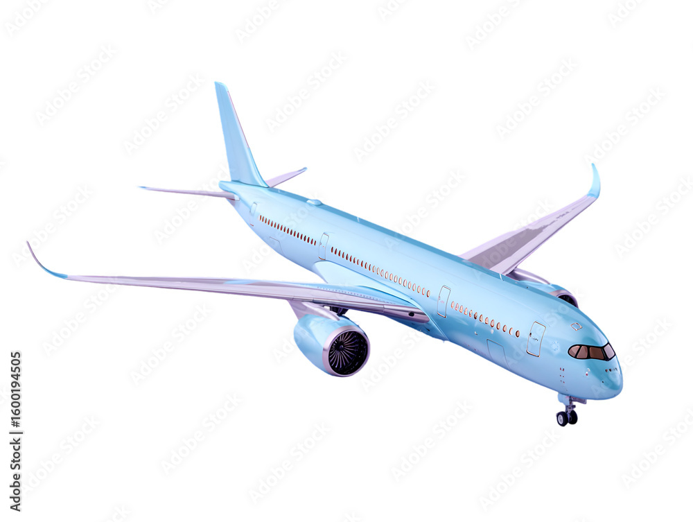 Obraz premium Light blue passenger airplane isolated on a black background in aerial view