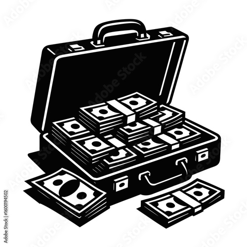 A black-and-white vector illustration of an open briefcase filled with stacks of money, representing a large sum of cash, financial success, and a lucrative deal.