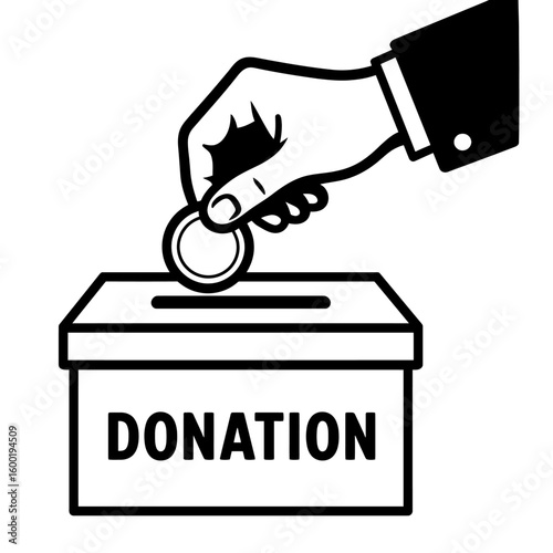 A black-and-white vector illustration of a hand dropping a coin into a donation box, representing charity, giving, fundraising, and supporting social causes.