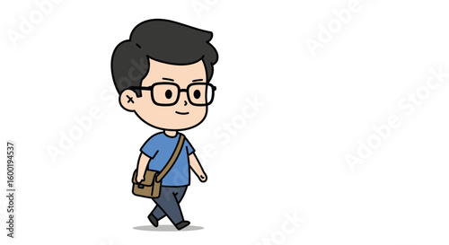 A cheerful cartoon character with glasses and a messenger bag walks with a slight smile.