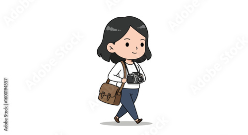 Cartoon illustration of a young woman walking with a camera around her neck and a satchel bag over her shoulder.