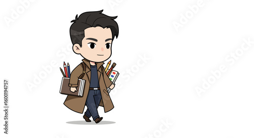 A cute chibi illustration of a young male artist in a trench coat walking with his art supplies.