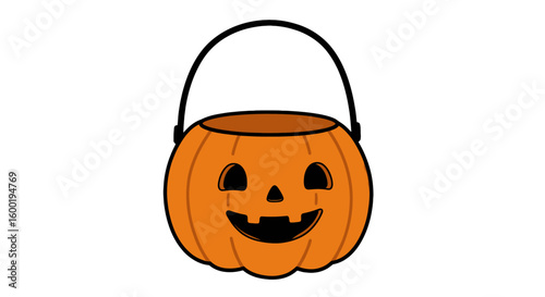 Orange pumpkin bucket with a handle is smiling with black facial features, isolated on a transparent background, creating a whimsical illustration perfect for seasonal holiday promotions.