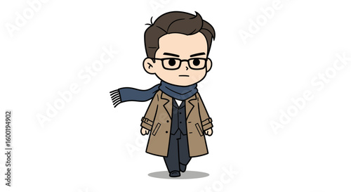 Cartoon illustration of a man wearing glasses, coat, and scarf, walking forward with a serious expression.