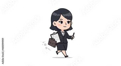 A cute cartoon businesswoman in a suit walks confidently with a briefcase and documents.