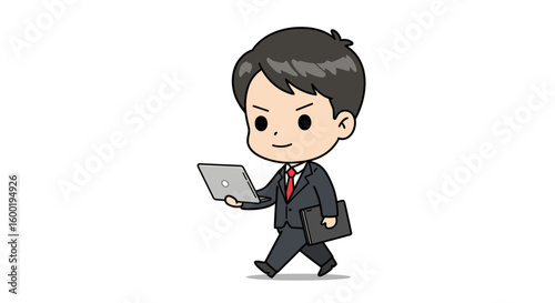Cartoon illustration of a businessman walking with a laptop in one hand and a briefcase in the other.