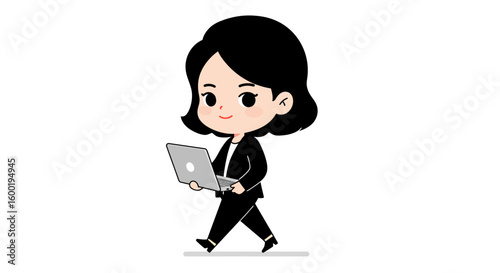 Cartoon woman in a suit walks while holding a laptop, looking forward.
