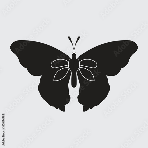 Elegant black butterfly silhouette with minimalist white line details. Perfect for tattoos, logos, nature icons, or decorative vector art