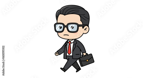 A cute chibi cartoon businessman in a suit and glasses walking with a briefcase.