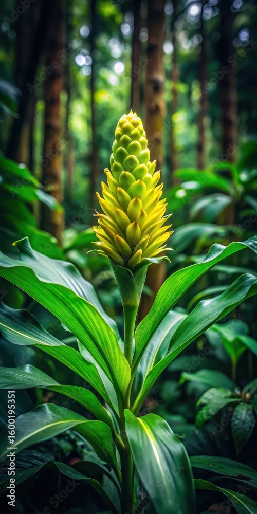 Fototapeta premium Exotic green plant blooms unusual flower in dark humid forest environment