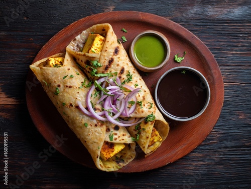 Top view of kathi roll stuffed spicy paneer onions and chutneys vibrant Indian street food appetizing styling