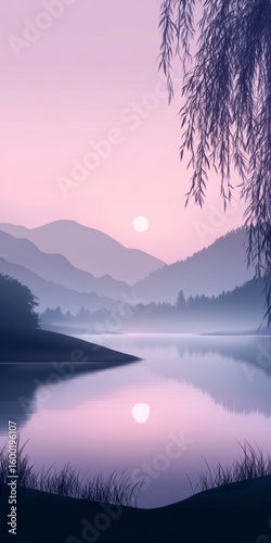 A beautiful mountain landscape with a lake and a tree. The sky is pink and the sun is setting