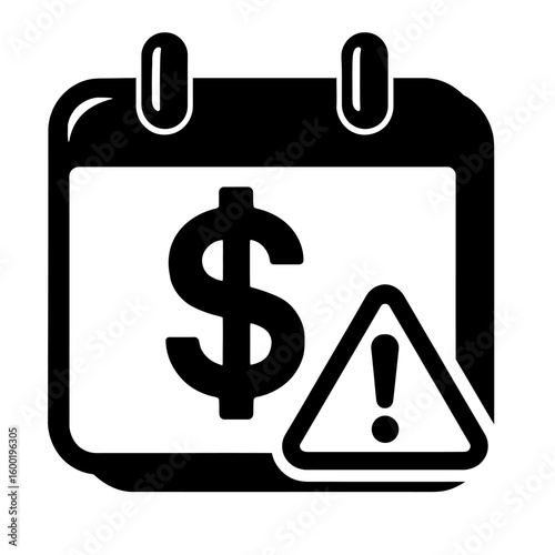 A vector illustration of a calendar with a dollar sign and a warning sign, symbolizing a financial deadline, a bill due date, or a warning about an upcoming payment. The graphic is suitable for budget