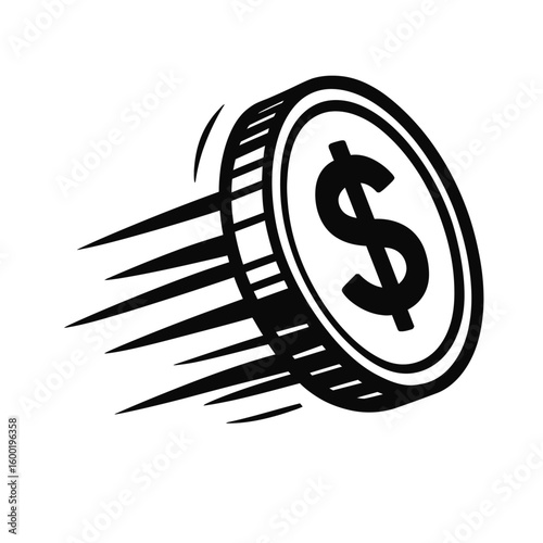 A vector illustration of a fast-moving dollar coin, symbolizing quick financial transactions, rapid investment, or speedy cash flow. The black and white graphic is ideal for topics related to finance 