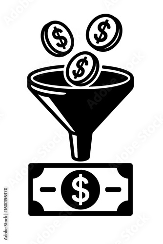 A vector illustration of coins falling through a funnel and converting into a dollar bill, symbolizing financial transformation, currency exchange, or a money-making process. The black and white graph