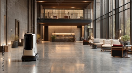 Luxury Hotel Lobby with Autonomous Service Robot