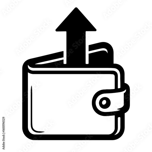 A vector illustration of an upward arrow emerging from an open wallet, symbolizing money withdrawal, spending, or financial outflow. The simple, clean design is perfect for banking, budgeting, and fin