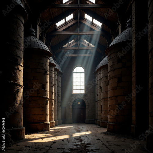 Interior of dark stone chamber with arched ceiling illuminated by narrow light beam creating ancient mood