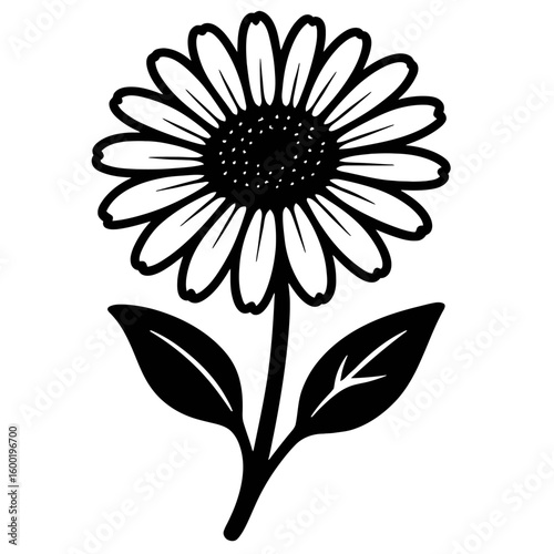 Daisy Flower Plant. A simple, modern line drawing of a daisy flower with a full bloom and leaves.