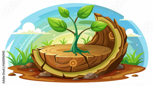  very Beautiful close up  New life growth future concept ,a strong seedling growing in the old center dead tree ,Concept of support building a future focus on new life with seedling growing white back