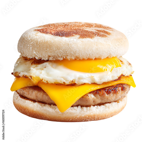 English Muffin Breakfast Sandwich with Fried Egg and Cheese isolated on a transparent background sausage patty