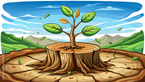  very Beautiful close up  New life growth future concept ,a strong seedling growing in the old center dead tree ,Concept of support building a future focus on new life with seedling growing white back