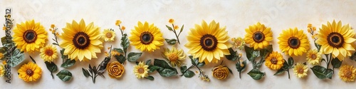 Bright Sunflowers and Fresh Greenery Arranged on a Beige Surface for a Vibrant Summer Aesthetic