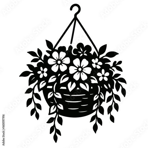 Black and White Hanging Basket with Flowers - Elegant Floral Graphic Design