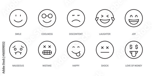 Emoji line icon set. Smile, coolness, discontent, laughter, joy, nauseous, mistake, happy, shock. Emotion sign. Symbol for the app, interface, business, etc. Vector illustration. Editable stroke.