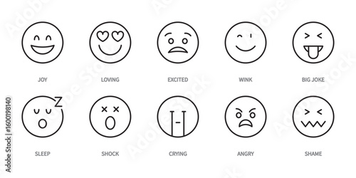 Emoji line icon set. Joy, smiley, loving, excited, wink, big joke, sleep, shock, crying, angry, shame. Emotion sign. Symbol for the app, interface, business, etc. Vector illustration. Editable stroke.