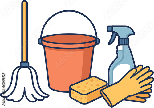 Cleaning supplies layout with mop, bucket, sponge, gloves, and spray bottle for home maintenance tasks