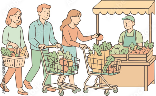 Families shop for fresh produce at an outdoor market while interacting with friendly vendor in a sunny setting