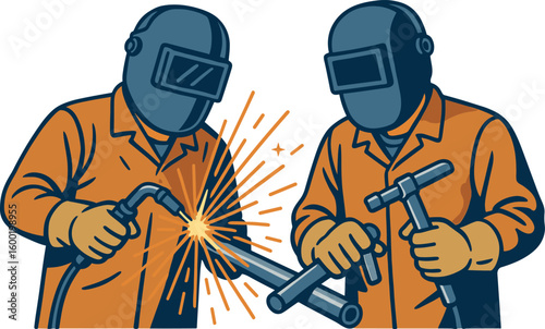 Skilled welders performing metalwork in an industrial workshop during daylight hours