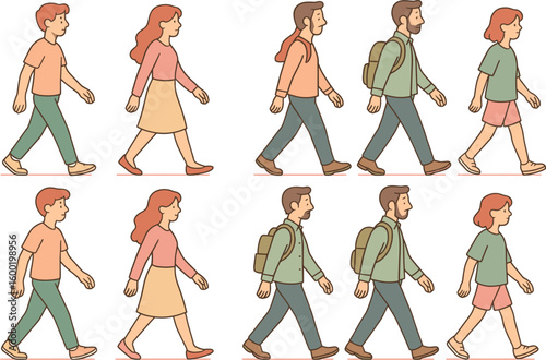 Diverse group of people walking in a leisurely manner on a sunny day in an urban setting