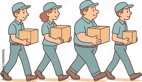Delivery team carries packages in uniform on a light background during a busy workday