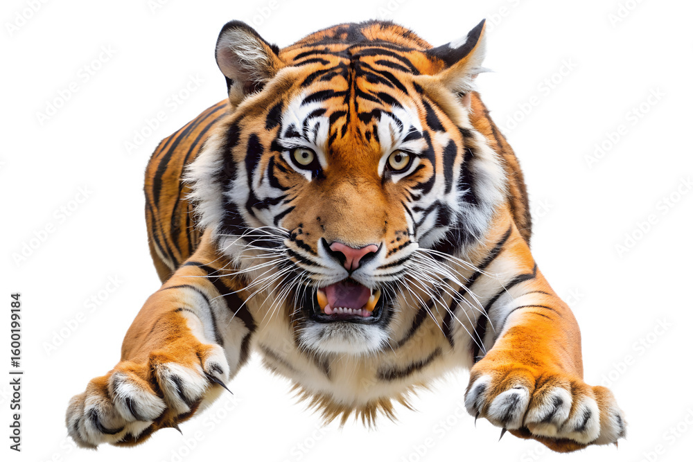 Obraz premium A powerful tiger with intense eyes and open mouth is captured midpounce with its front paws extended forward isolated on transparent background