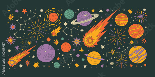 Funky Crayon Drawn Planets, Asteroids, Stars, and Constellations. Childish Outer Space Doodle Icons Set with Pencil Texture for Kids’ Cosmic Illustrations and Creative Galaxy Designs.

