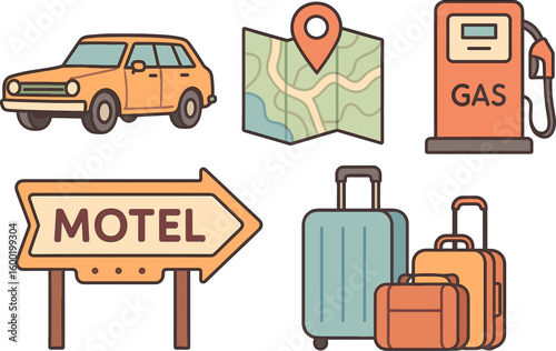 Road trip essentials including car, luggage, map, gas station, and motel sign for travel planning