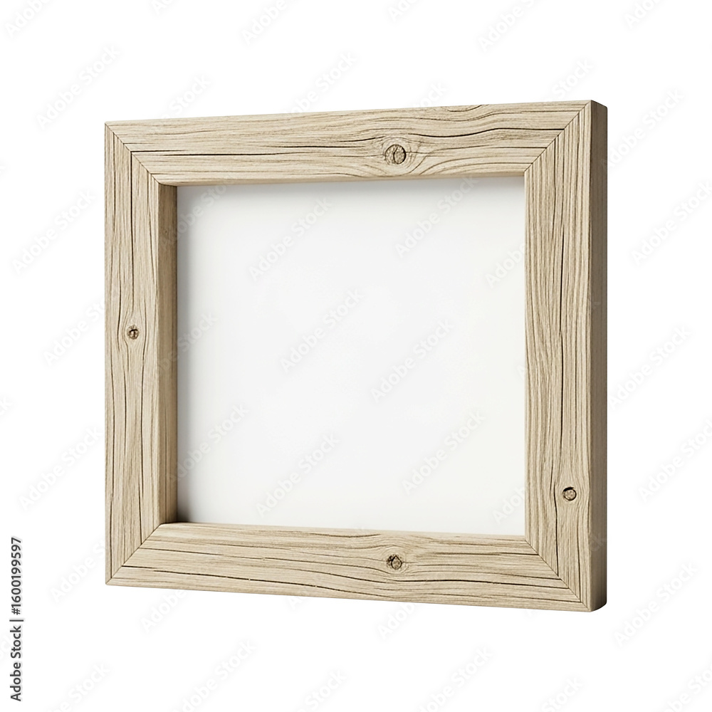 Fototapeta premium A rustic light-colored wooden picture frame with natural grain texture, viewed from an angle and isolated on a clean white background.