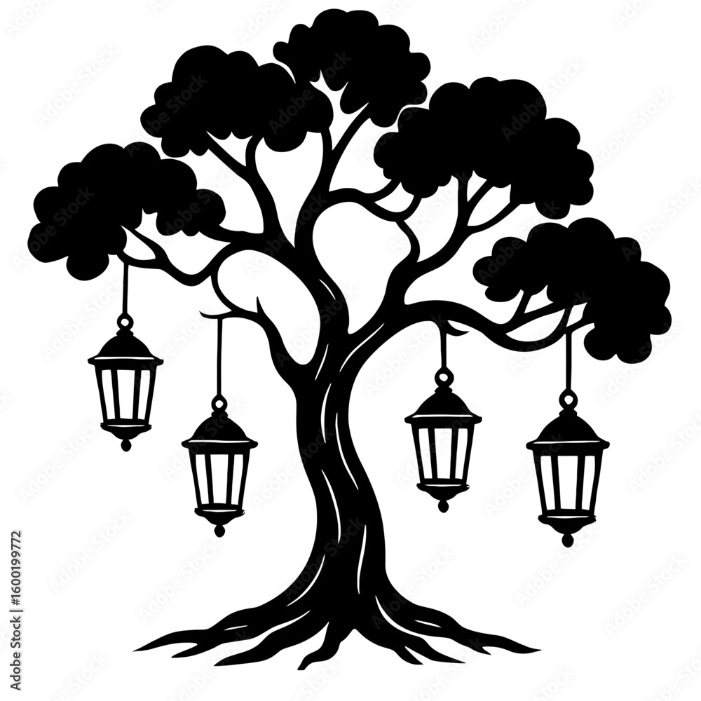Naklejka premium Ornate Tree with Hanging Lanterns - Festive Silhouette