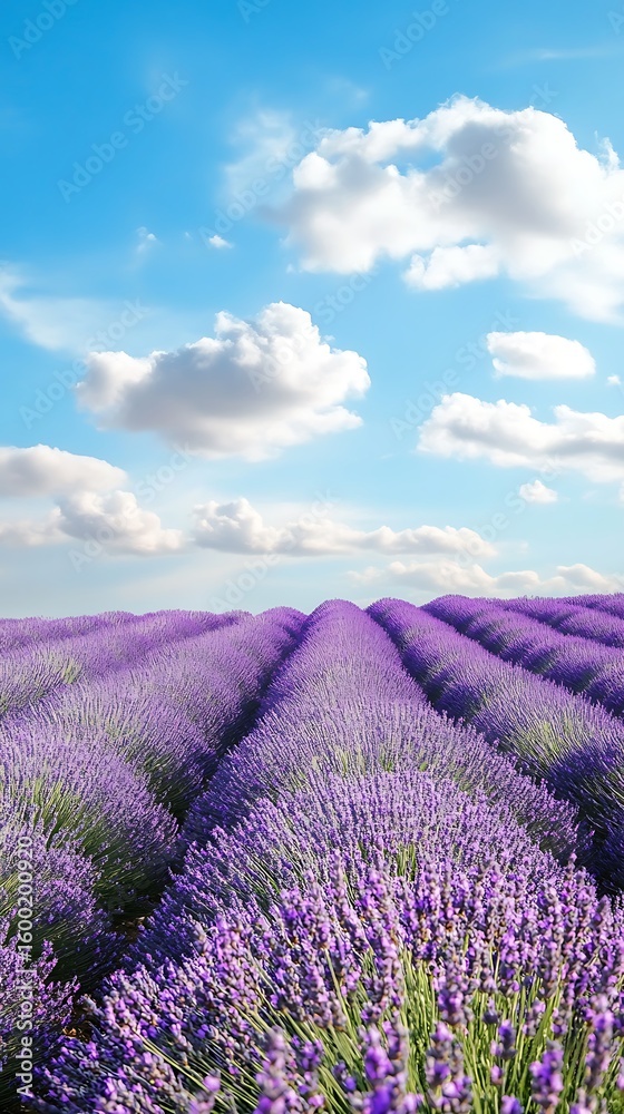 Naklejka premium Vast lavender field under a bright blue sky with fluffy white clouds