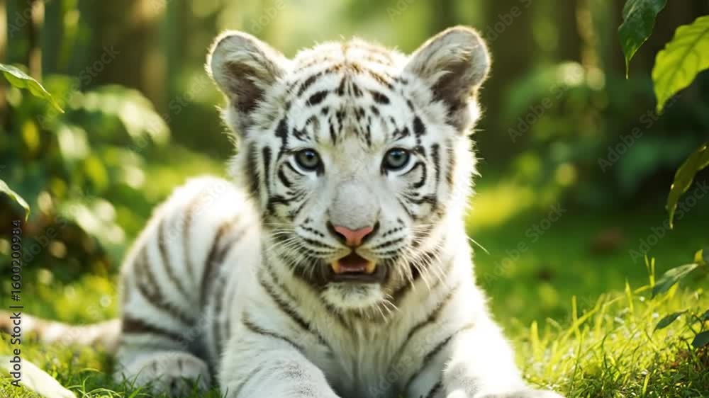 A young white tiger cub with black stripes lies in lush green foliage, gazing directly at the viewer with bright blue eyes.