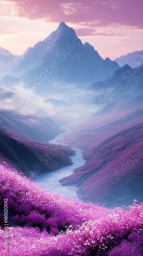 A mountain range with a purple river running through it. The mountains are covered in purple flowers, creating a serene and peaceful atmosphere
