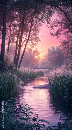 A bridge spans a river in a forest, with a pink and purple sky in the background. The water is calm and the trees are lush and green