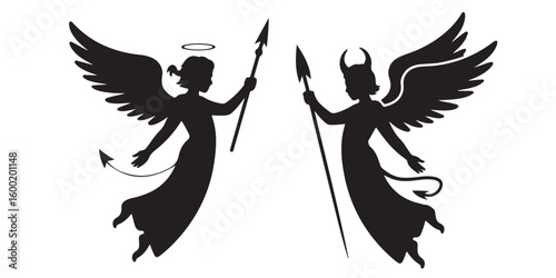 Black silhouettes of an angel with a halo and a devil with horns holding spears and wings spread