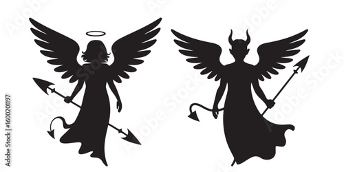 Black silhouettes of an angel with halo and devil with horns holding spears on a white background